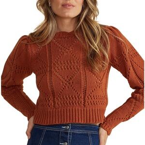 MINKPINK Cara Crochet Sweater – Size Large – Rust Orange Boho Knit Jumper